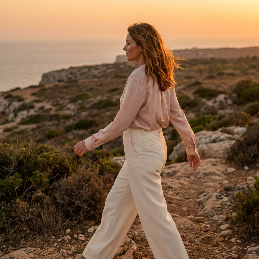 Dr. Kamila Hortyńska walking along a rocky coastal cliff at sunset, wearing a silk peach blouse and cream trousers, looking out toward the ocean.
