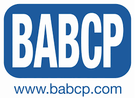 BABCP logo (British Association for Behavioural and Cognitive Psychotherapies) in white letters on a blue background.