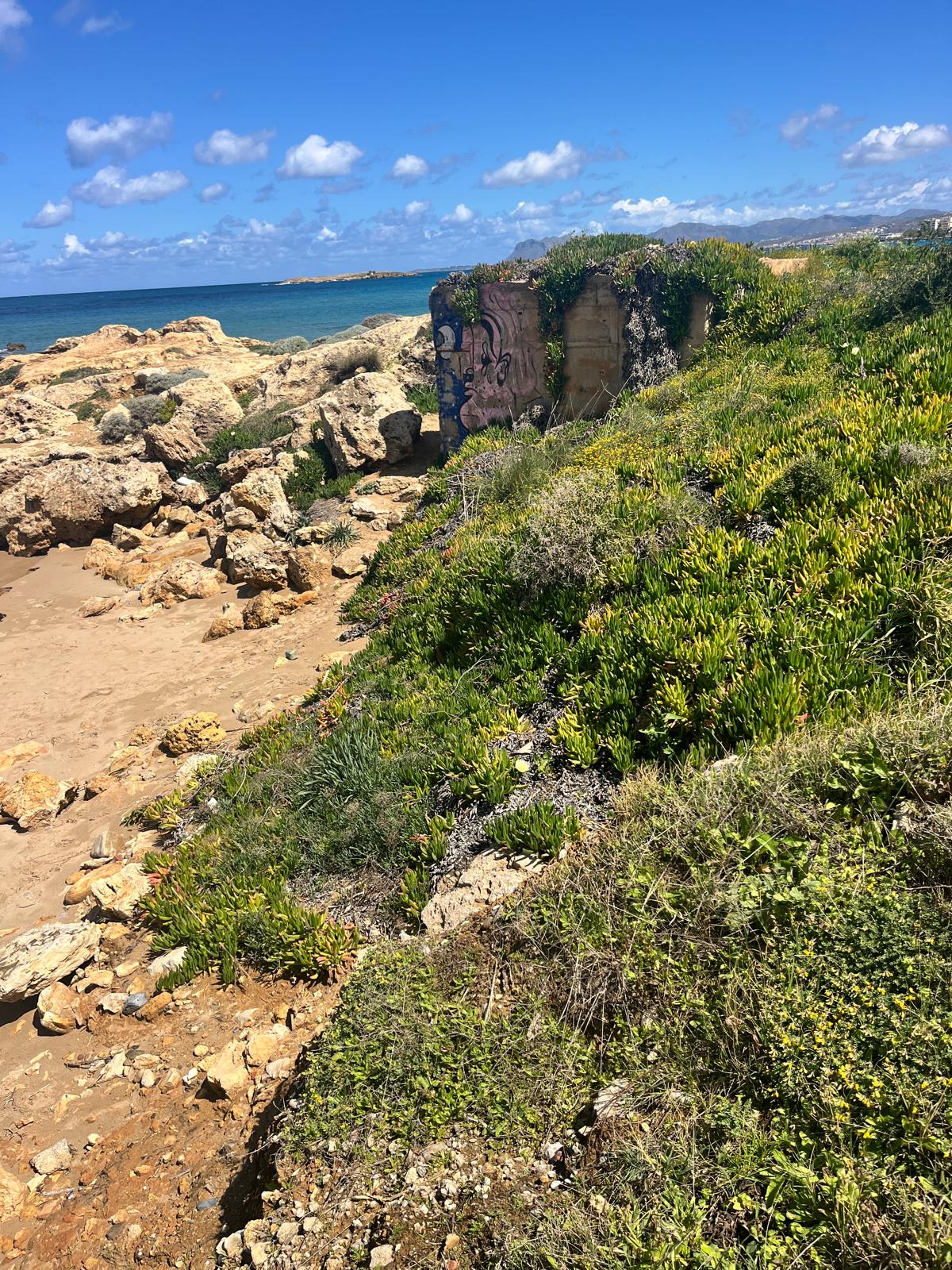 A rugged Mediterranean coastline with a sandy beach, large rocks, and a graffiti-covered stone structure nestled among green coastal plants under a bright blue sky.