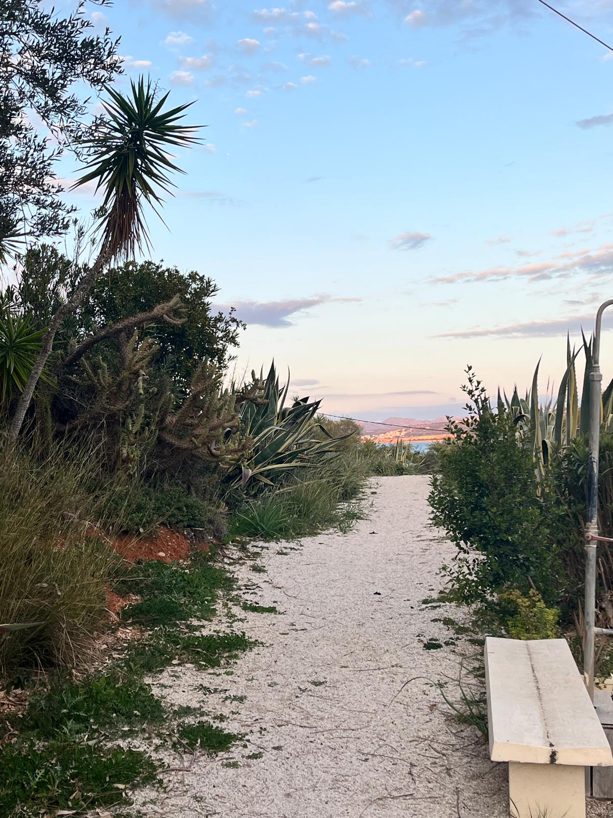 A quiet gravel walking path lined with Mediterranean plants and a stone bench, leading toward a view of the sea at dusk – symbolizing the journey to self-care with In Her Body.
